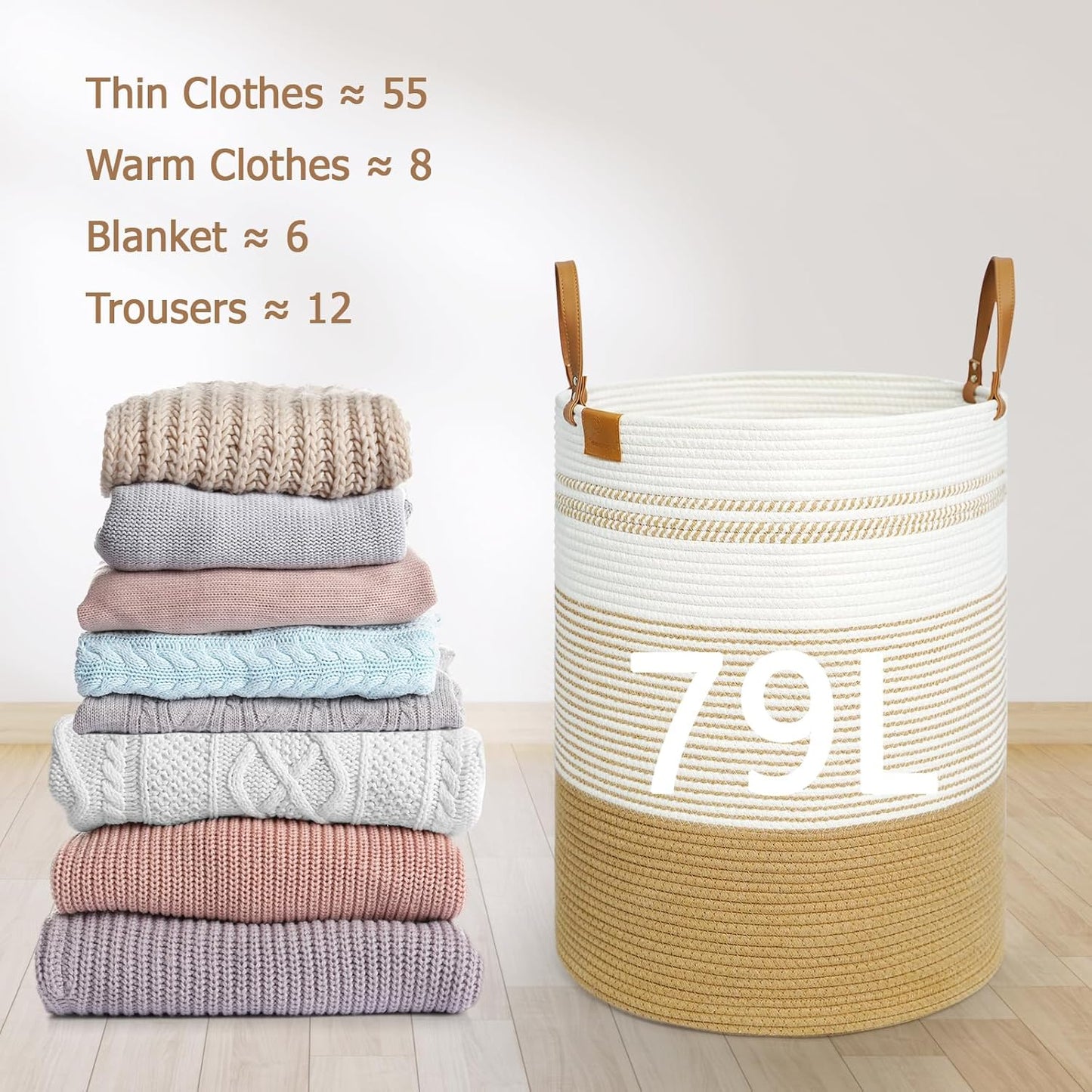 danpinera 79L Laundry Hamper Basket, Tall Round Dirty Clothes Hamper with Handle, Woven Storage Basket for Blanket, Toy, Pillow, Blanket Bin for Living Room, Nursery Room Gradient Jute