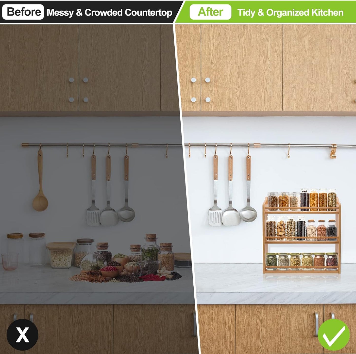 3 Tier Bamboo Spice Rack, Seasoning Jars Rack Shelf Spice Organizer for Kitchen Counter or Wall Mounting