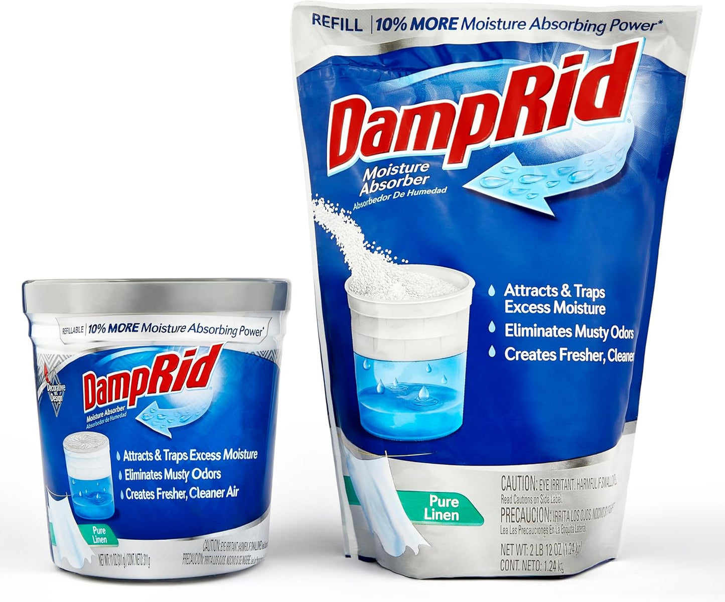Damp Rid Refillable Moisture Absorber, Includes Single Damp Rid Pure Linen 11oz. Cup & 44oz. Refill Bag - Moisture Absorbers for Closet, 10% More Absorbing Power*, Cleaner Air - ILIOS Packaging.