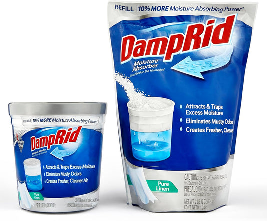 Damp Rid Refillable Moisture Absorber, Includes Single Damp Rid Pure Linen 11oz. Cup & 44oz. Refill Bag - Moisture Absorbers for Closet, 10% More Absorbing Power*, Cleaner Air - ILIOS Packaging.