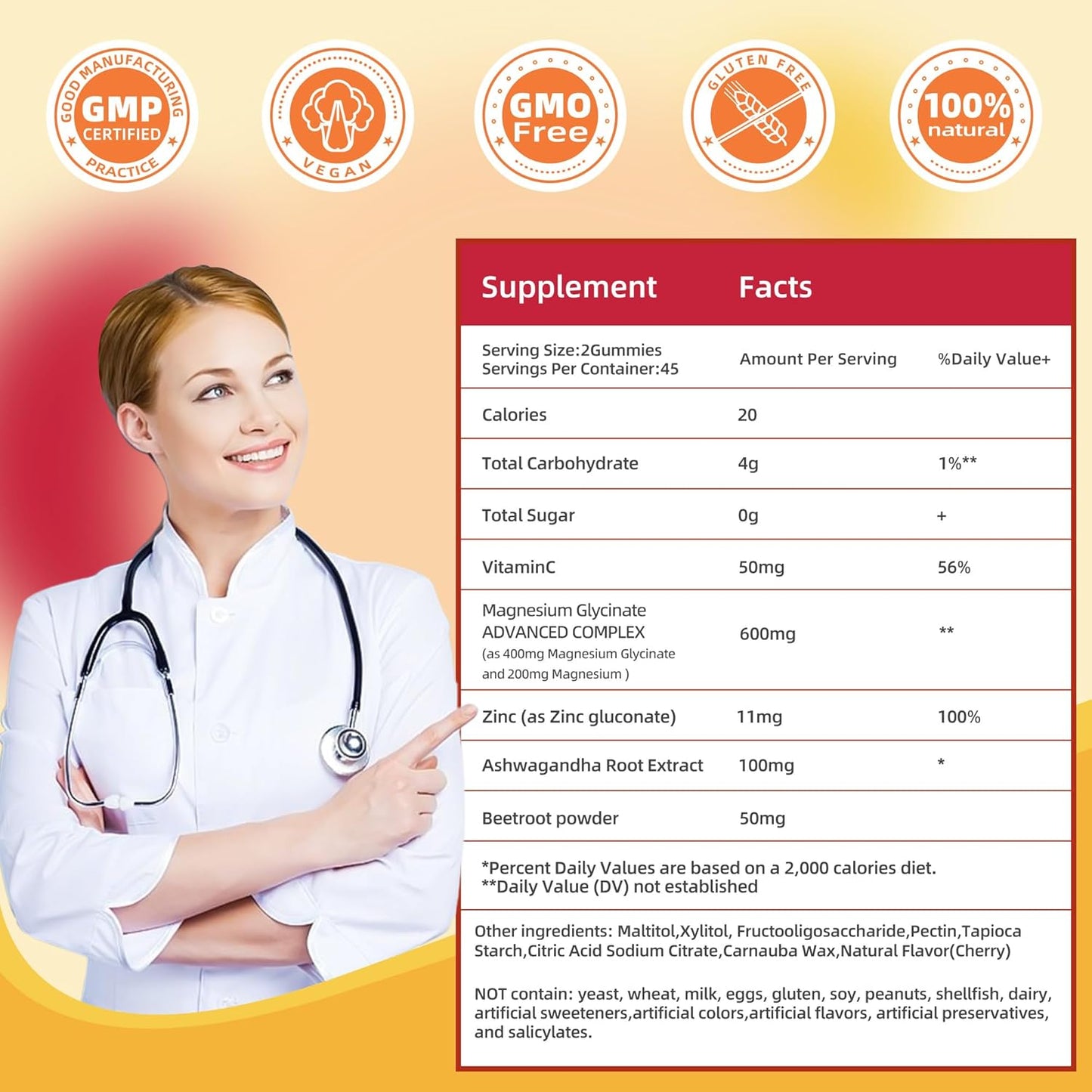 90 Count Magnesium Glycinate Gummies 400mg w/Ashwagandha Supplement - Sugar Free Zinc Magnesium Glycinate Supplement Ashwagandha Gummies for Adults Pineapple Flavor