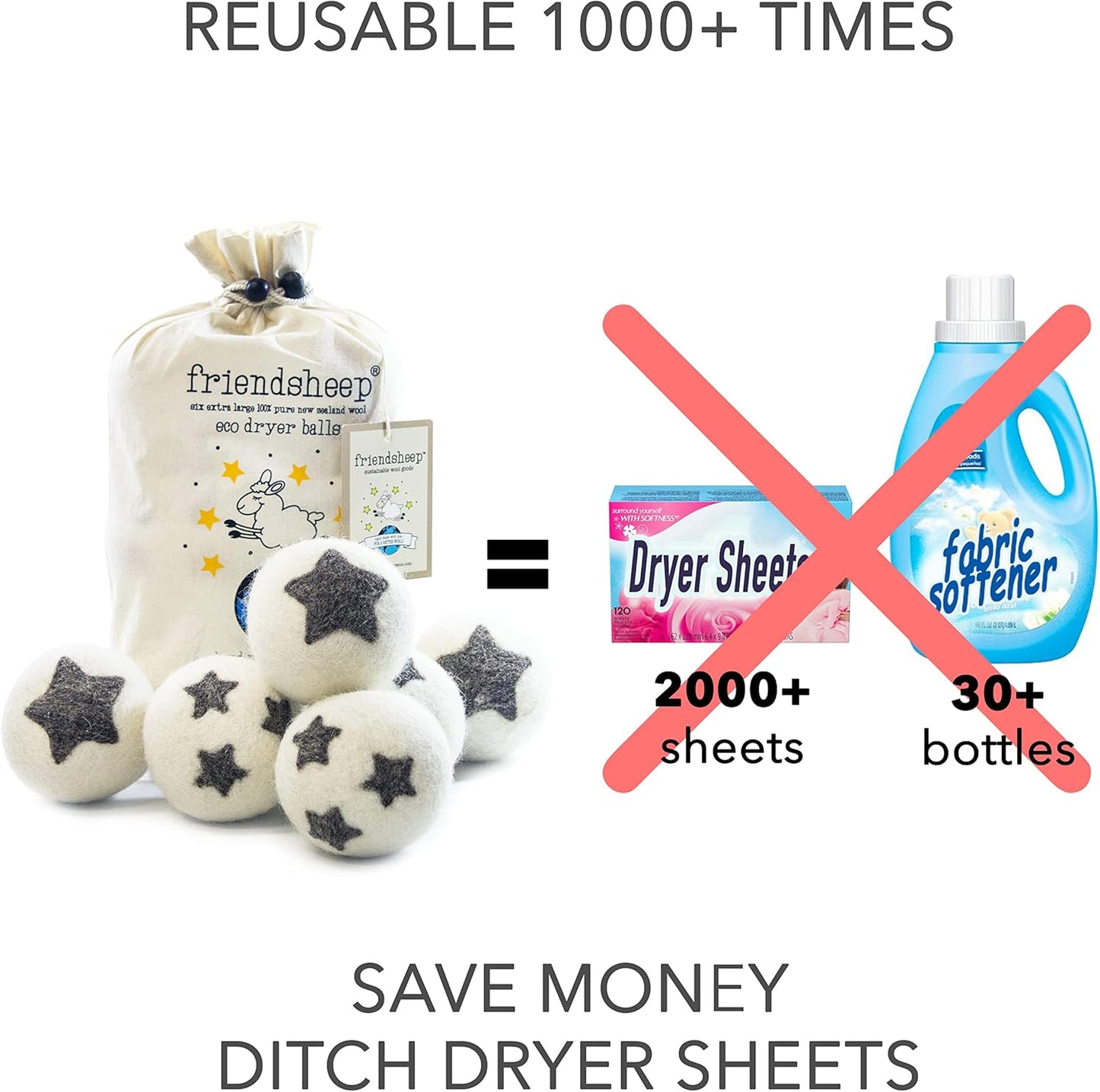 Friendsheep Wool Dryer Balls 6 Pack XL Organic Premium Reusable Cruelty Free Handmade Fair Trade No Lint Fabric Softener Star - Stars Galore
