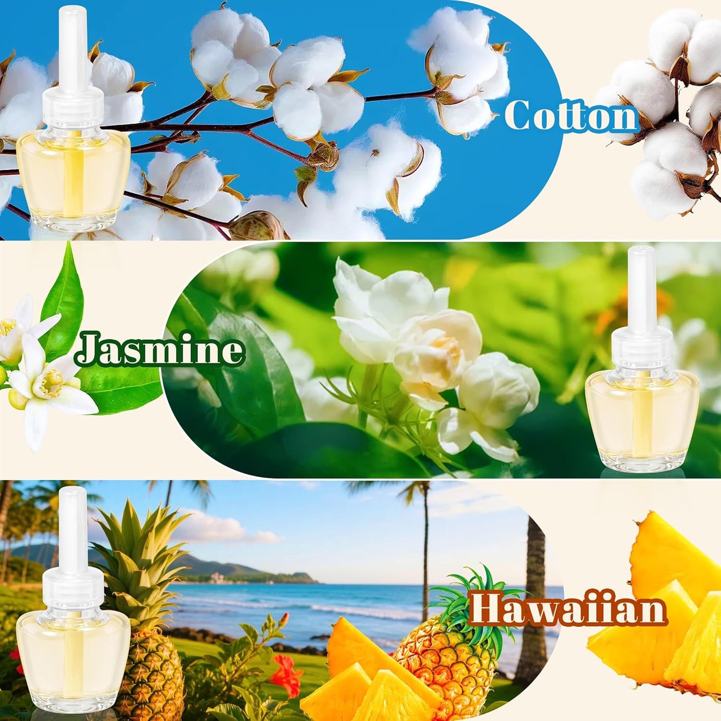 Plug in Air Fresheners Refills, Essential Oil Scented Refill with 2 Warmer, Jasmine, Hawaiian, Cotton, Long Lasting Home Fragrance for Bathroom, Compatible with Airwick, Compatible with Glade