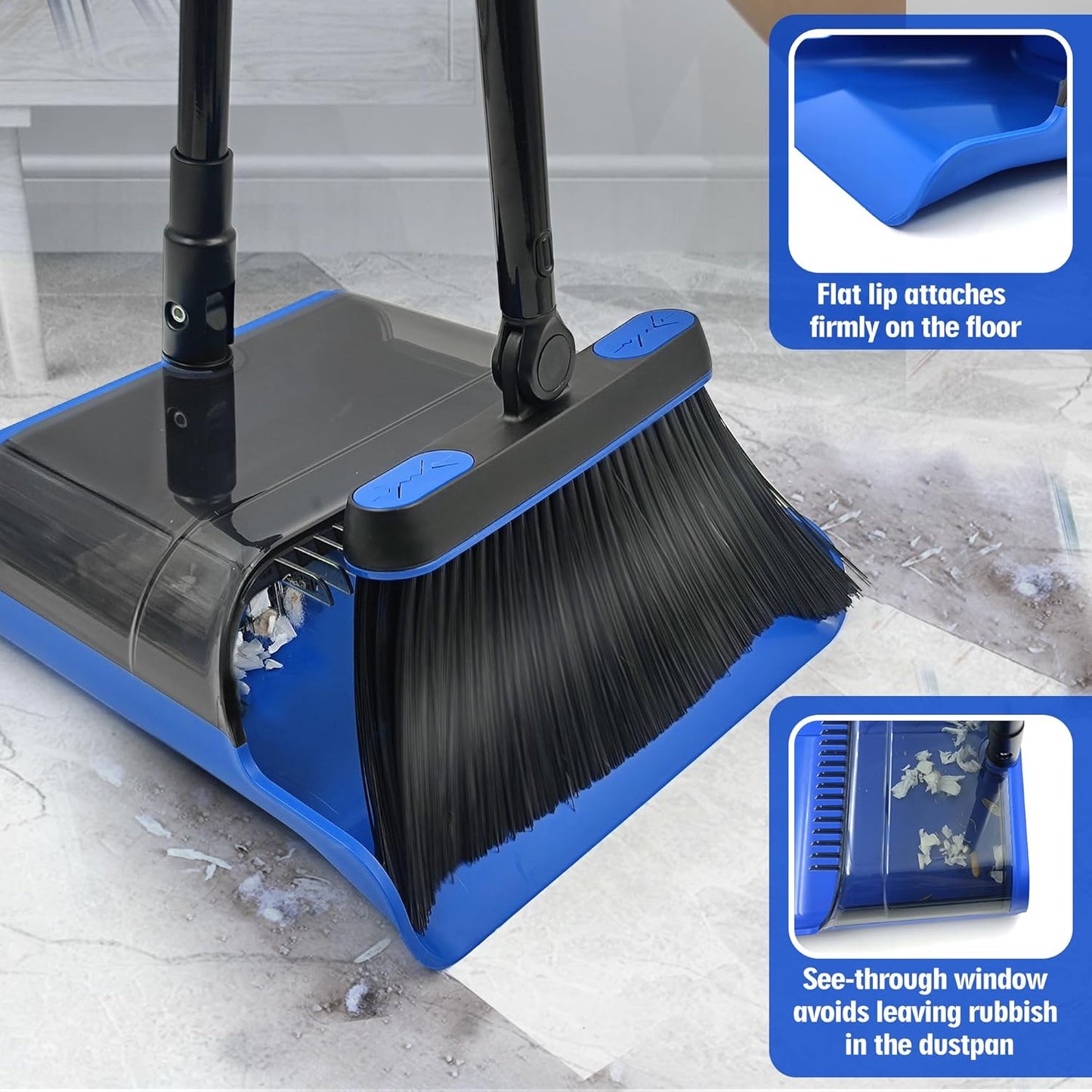 JEHONN Broom and Dust Pan, Upgraded Large Foldable Dustpan with Comb Teeth, 53.5 inches Long Handle Swivel Brush Indoor for Home Kitchen Lobby Floor Cleaning (Blue)