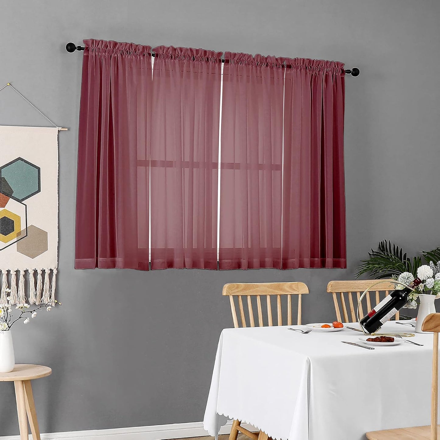 Chyhomenyc Short Sheer Curtains 45 Inches Length 2 Pieces, Light Filtering Soft Voile Curtains Drapes for Half Window/Bedroom/Bathroom/Living Room, Burgundy