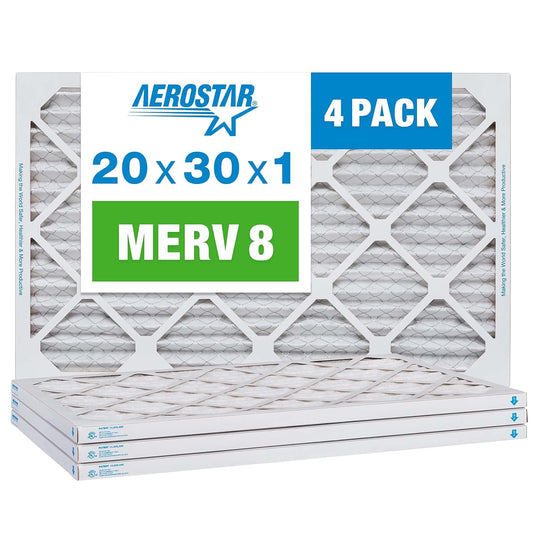 Aerostar 20x30x1 MERV 8 - 4 Count - High Efficiency Pleated HVAC, Furnace & Air Conditioner Filters - Removes Dust, Lint, Mold & Allergy-Causing Pollen