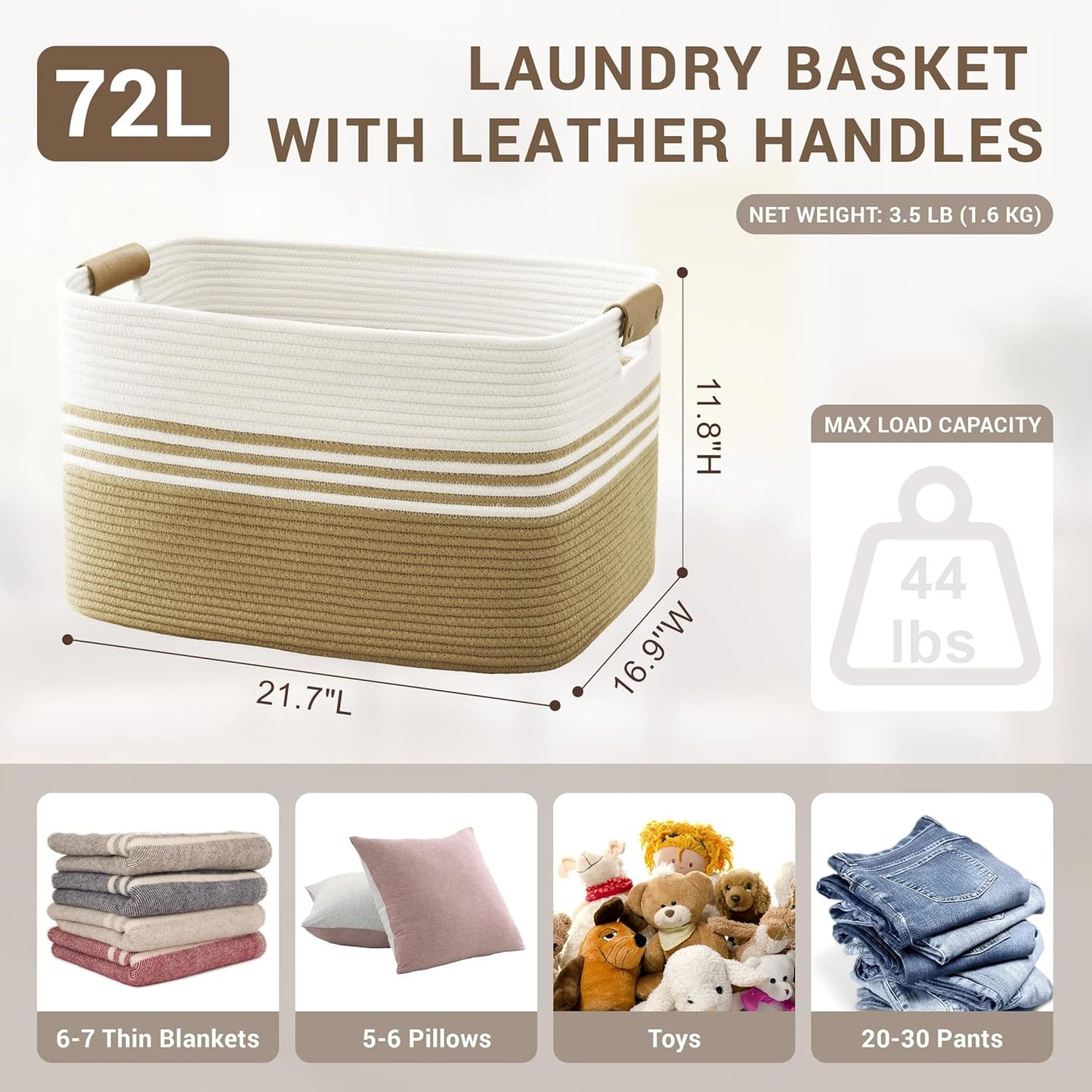 72L Large Laundry Basket with Leather Handles for Living Room Storage, Woven Rope Baskets Bin for Blanket, Kids Toy, Gifts, Wicker Hamper for Bedroom Dirty Clothes, 22"x17"x12" Khaki