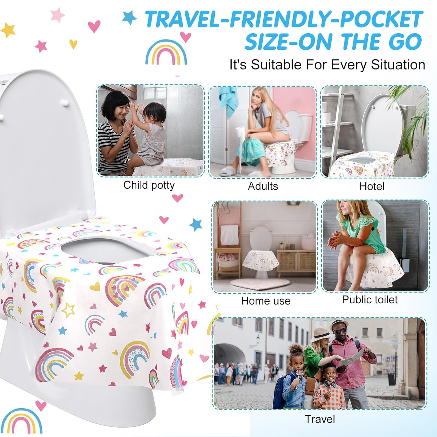 50 Packs Disposable Toilet Seat Covers Extra Large Individually Wrapped for Kids and Adults, Portable Non Slip Waterproof Potty Seat Covers for Toddlers Potty Training, Travel (Rainbow)
