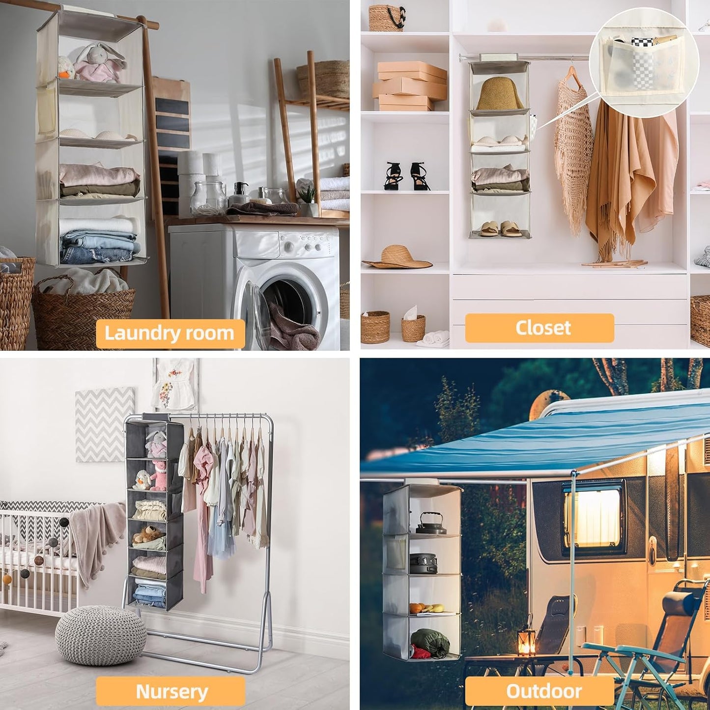 2 Packs Hanging Closet Organizer Storage, 6-Shelf Hanging Shelves for Closet, Closet Clothes Organizer and Storage with Side Pockets, Black