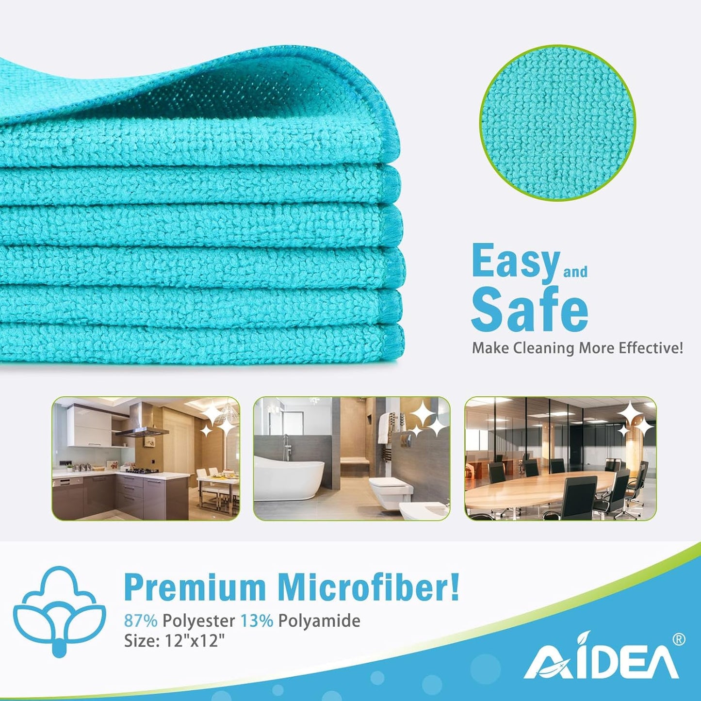 AIDEA Microfiber Cleaning Cloth-12PK, Soft Microfiber Towels for Cars, Absorbent Cleaning Rags, Lint-Free Streak-Free Wash Cloths for House, Kitchen, Window(12in.x12in), Blue