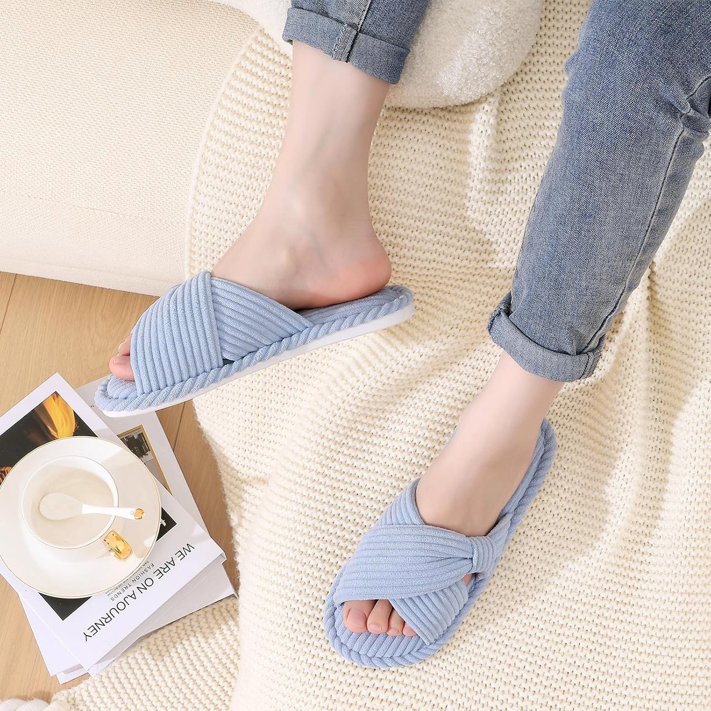 Evshine Summer House Slippers for Women Corduroy Cross Bow Indoor Slippers Open Toe Slip On Bedroom Shoes with Memory Foam