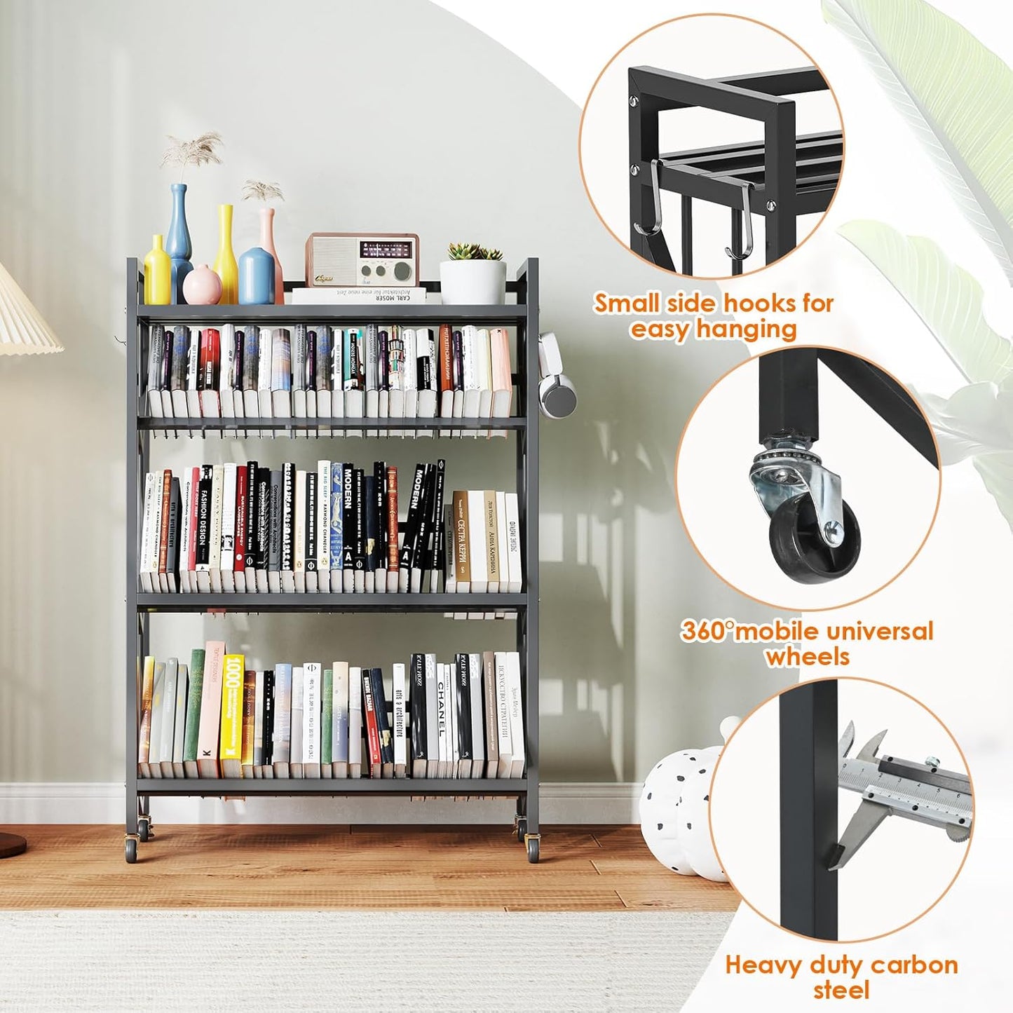 Book Carts 4 Tier 46.5x35.4x9.84 in Rolling Book Cart Large Capacity Bookshelf Storage Rack Mobile Book Storage with Wheels Cart for Home Office Living Room Classroom (Black)