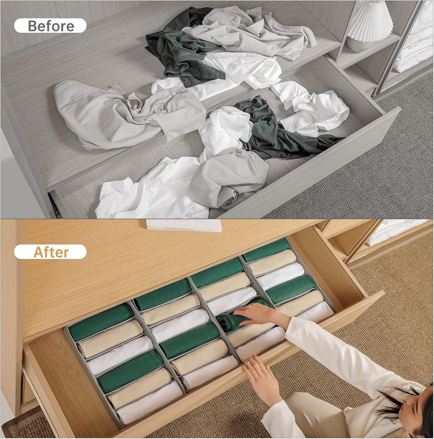 4 Packs T-shirt Drawer Organizers for Clothing,6 Grids Compartment Wardrobe Storage Box, Washable Clothes Organizer for Folded Clothes, T-shirt, Legging, Silk Scarve