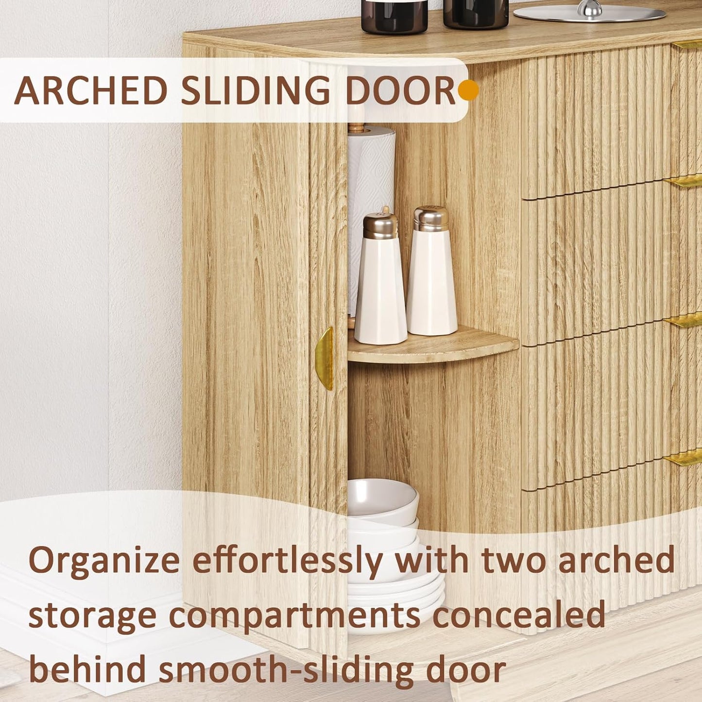 63" Tambour Dresser for Bedroom with 8 Drawers, Modern Chest of Drawers with Sliding Doors & 4 Shelves, Fluted Dresser Storage Organizer for Bedroom, Closet, Living Room(Natural)