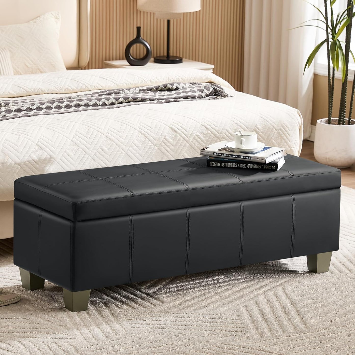 51" Faux Leather Storage Ottoman, Stitch Tufted Rectangle Upholstered End of Bed Storage Bench, Entryway Large Couch Ottoman with Wooden Legs, Dark Black