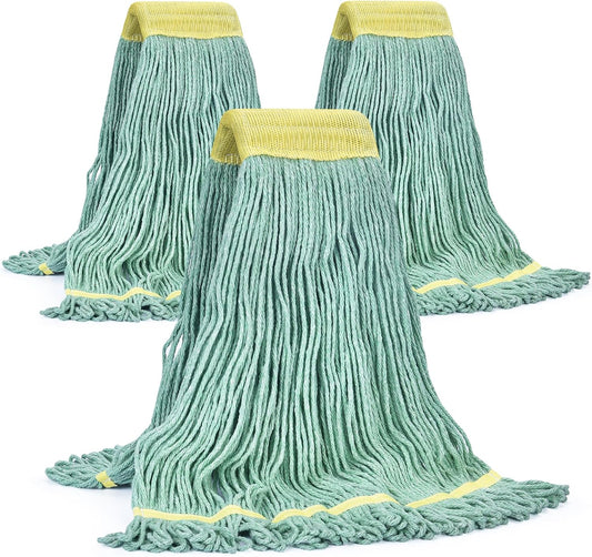 Matthew Cleaning Commercial Mop Head Replacement, 5 Inch Wide Headband, Looped End Cotton Blend String Wet Mops for Floor Cleaning, 18 oz Medium, 3-Pack Green