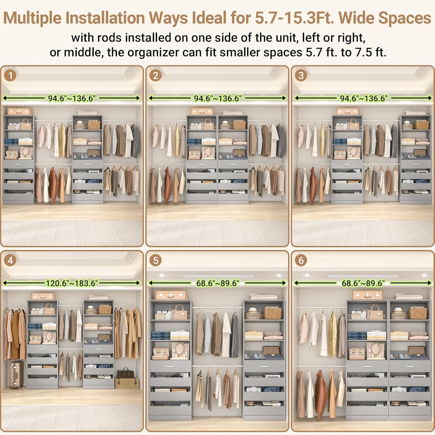 Aheaplus Closet System, 6-15Ft Closet Organizer with 8 Wooden Drawers, Wood Closet Organizer System with Tower, Walk-in Closet Organizer Wardrobe Garment Clothes Rack with 4 Hanging Rods, Grey