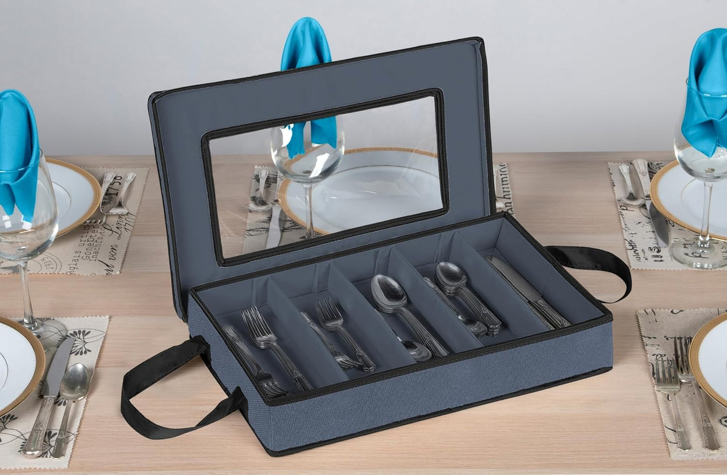 Flatware Storage Case - Durable 5 Compartment Silverware Storage Container Box with Removable Lid and Easy to Carry Handles - Large Capacity Keeps Your Cutlery Organized & Protected - Blue