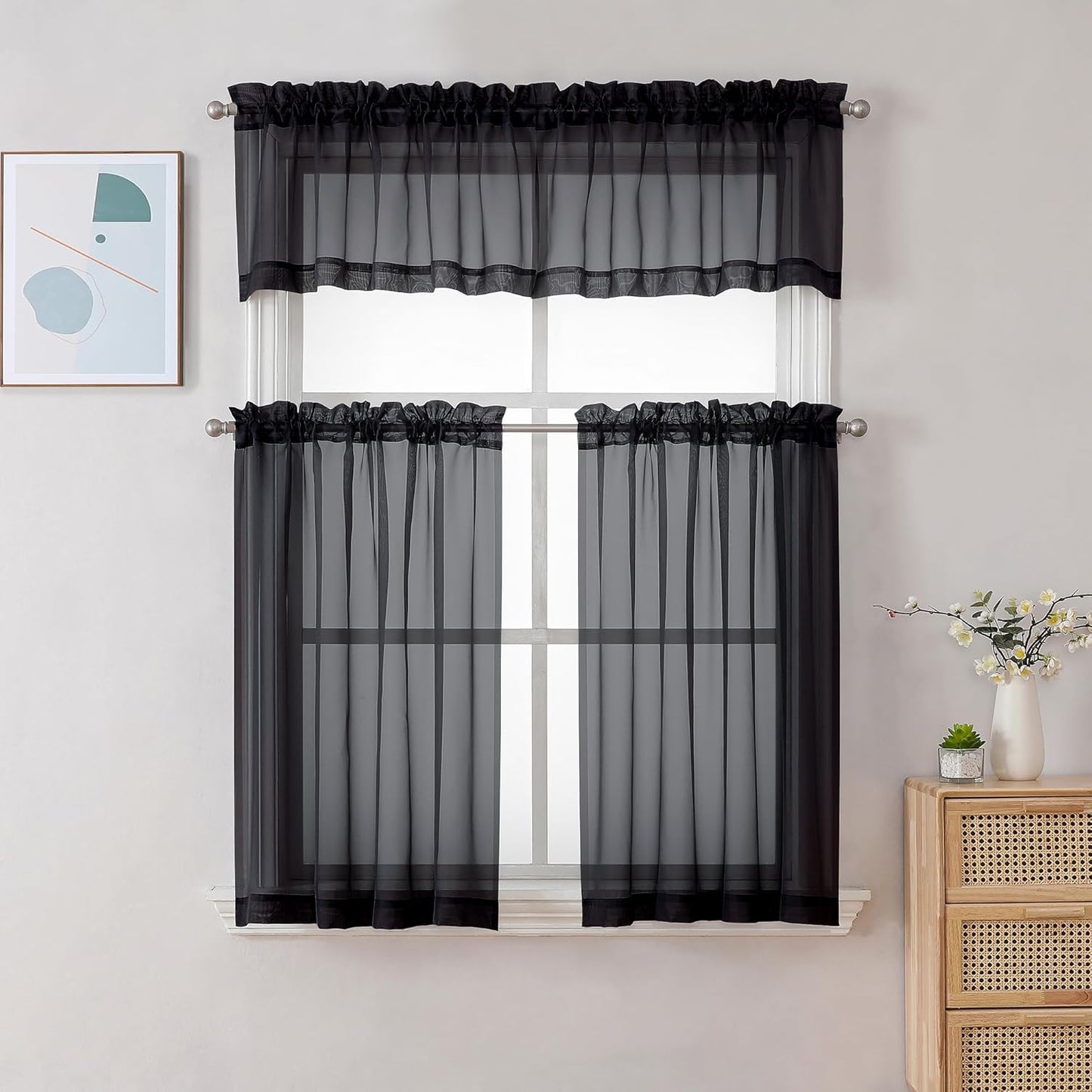 Chyhomenyc Sheer Curtains 36 Inch Length, Short Voile Sheer Window Curtians for Small Window Bathroom Cafe Living Room Farmhouse, 2PCS, 42W x 36L inches, Rod Pocket, Black