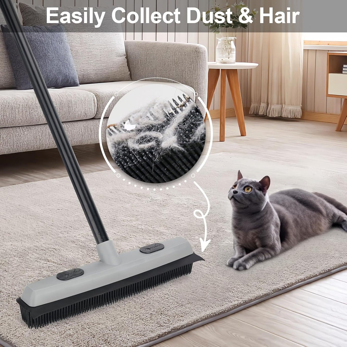 Pet Hair Removal Rubber Broom with Squeegee, Carpet Rake for Pet Hair with 59" Telescoping Long Handle, Fur Remover Rake for Carpet, Hardwood Floor, Tile