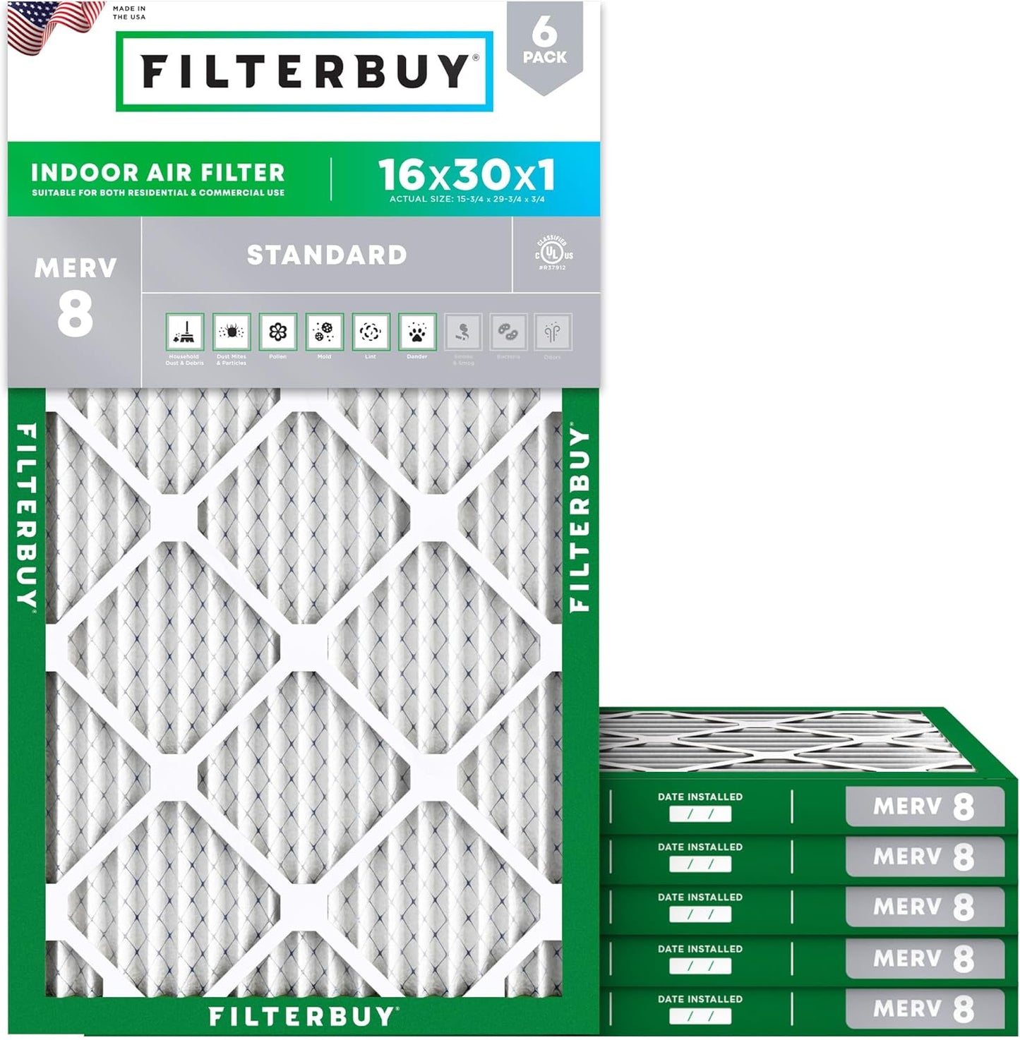 Filterbuy 16x30x1 Air Filter MERV 8 (MPR 700) Dust Defense Replacement (6-Pack), Electrostatic Pleated HVAC AC Furnace Filters, Made in USA (Actual Size: 15.75 x 29.75 x 0.75)