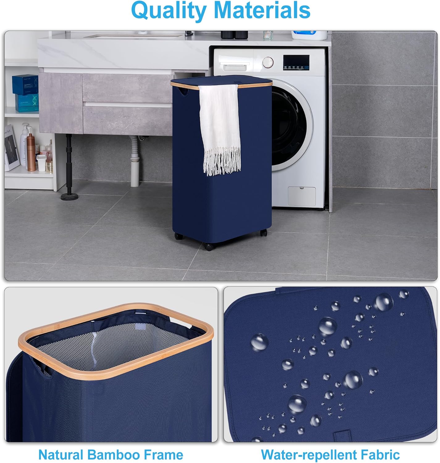 efluky Laundry Basket with Wheels, Tall Rolling Laundry Hamper with Lid and Removable Bag, Aesthetic Dirty Clothes Hamper on Wheels for Laundry Room, Bedroom, Dorm and Bathroom, 100L Blue