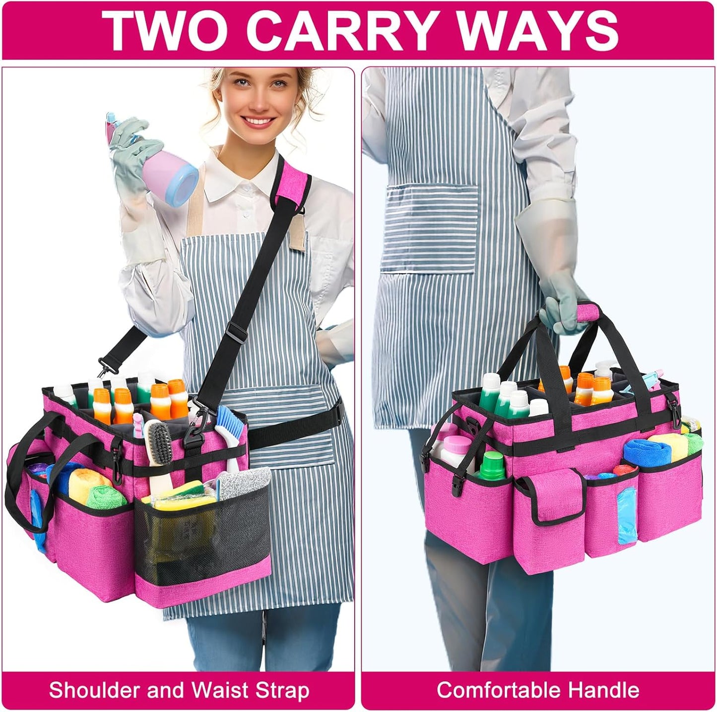 Cleaning Caddy Bag,Large Cleaning Supplies Organizer with Handle for Housekeepers,Red