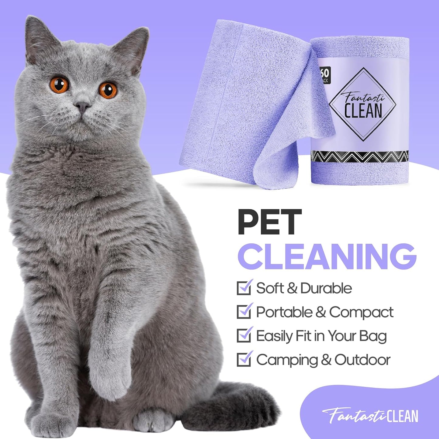 Fantasticlean Microfiber Cleaning Cloth Roll -60 Pack, Tear Away Paperless Towels, 8" x 8", Reusable Washable Rags, for Home Kitchen, Pet, Office, Indoor Outdoor, Compact and Portable (Light-Purple)