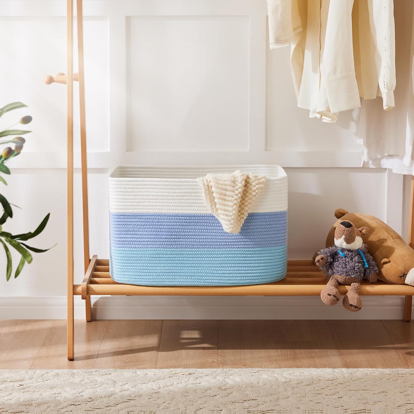 Blanket Basket,Rectangle Woven Baskets for Storage,65L Laundry Basket for Decorative Nursery Blanket,Toys,Dirty Clothes and Magazine in Shelves,Baby Room,and Living Room