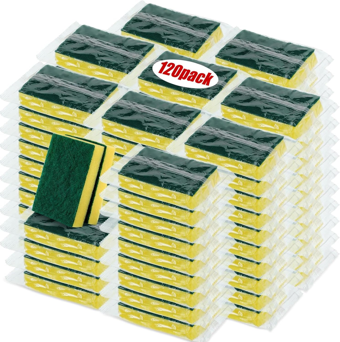 Tanlade 120 Pcs Individually Wrapped Sponge Dishwashing Sponge Bulk Non Scratch Scrub Sponges Kitchen Scouring Pad for Household Cleaning Rental Dishes Hotel Apartment Car (Yellow,Green)