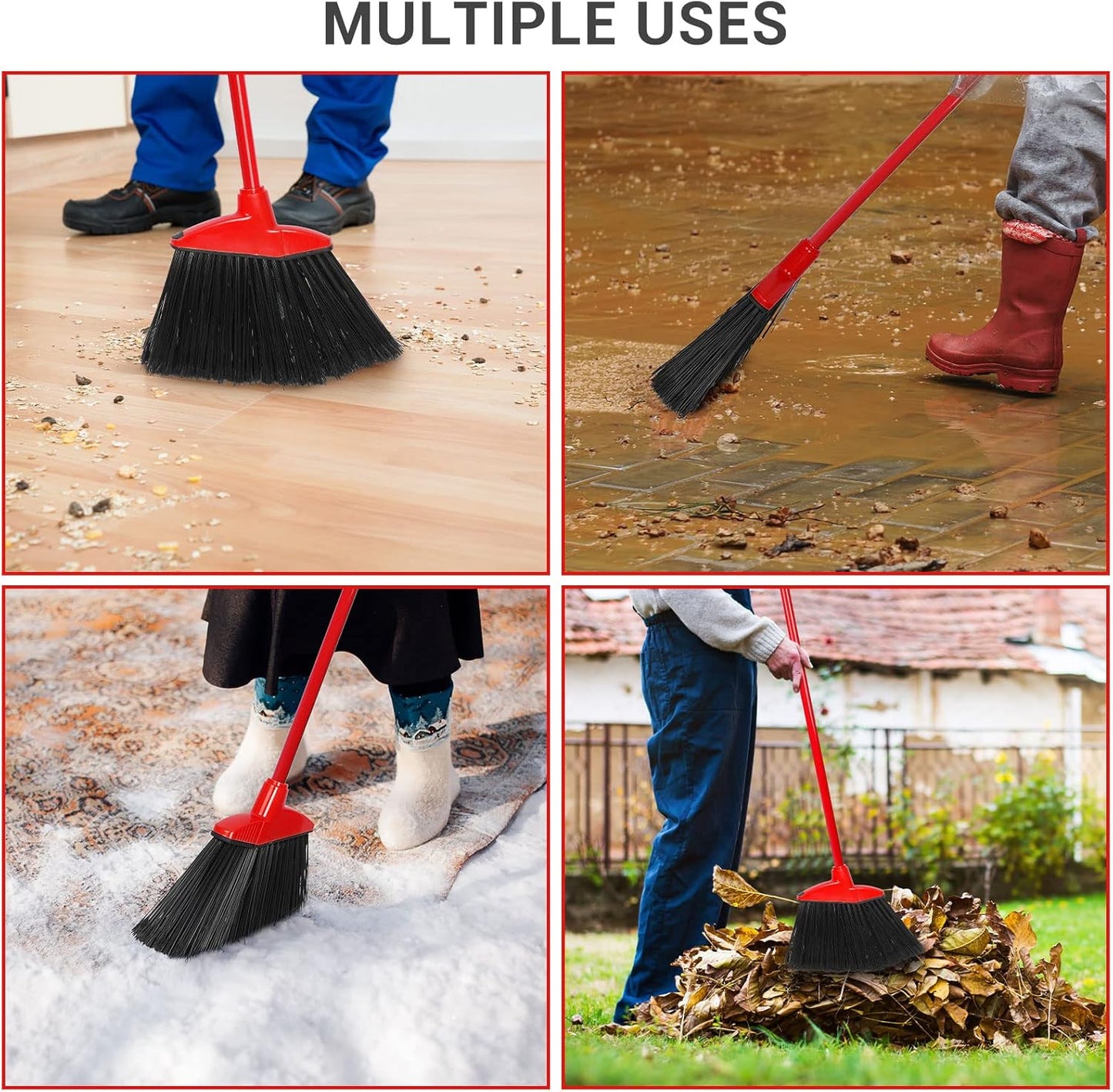 12 Pcs Heavy Duty Commercial Angle Broom 53 Inch Long Handle for Sweeping Indoor Outdoor - Garage, Courtyard, Patio, Lobby, Mall, Market, Shop, Sidewalk Floor (Red)