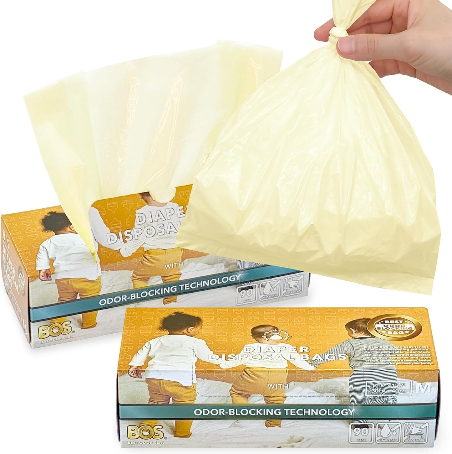 BOS, Odor-Sealing Dirty Diaper Trash Bags - Scent & Smell Free (Color: Cream Yellow) (Pack of 2) (Medium)