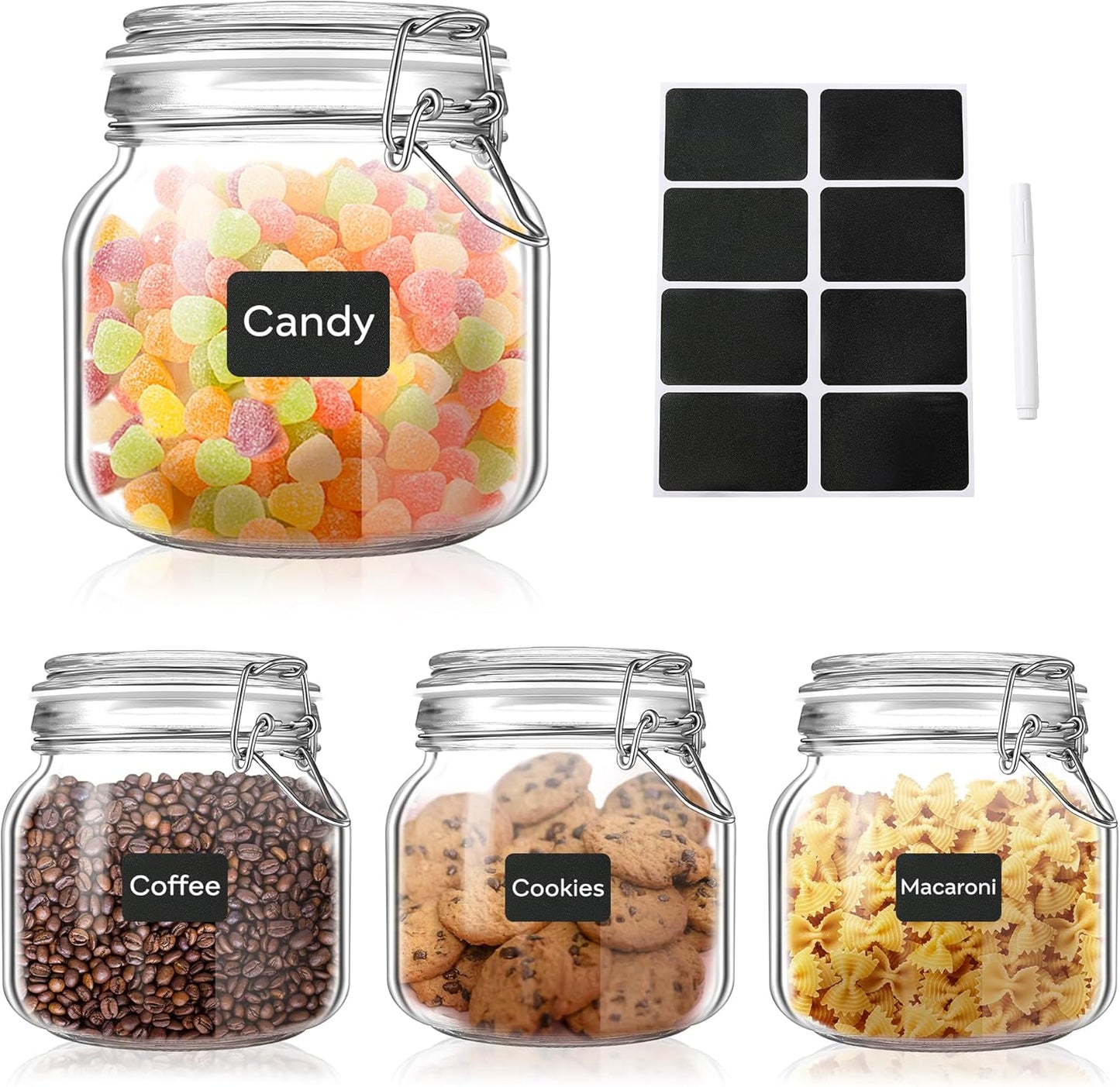 Glass Food Storage Jars with Airtight Lids 25 oz Square 4 Pack Kitchen Storage Containers Cabinet Canisters Sealed Pot Canning for Pasta, Cereal, Coffee, Beans, Spice