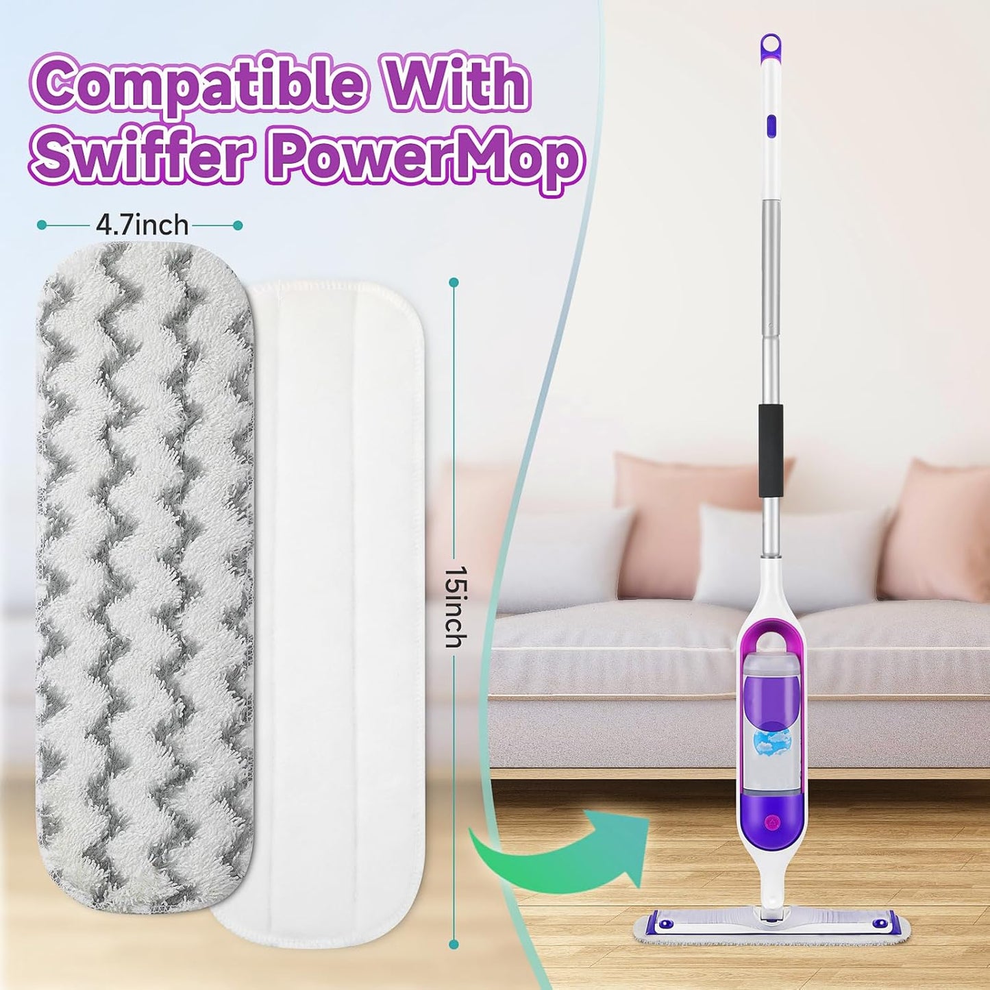 8 Pack Reusable Mop Replacement Pads Compatible for Swiffer PowerMop Spray Mop, Dry Wet Mopping Cloths for 13-15in Mop, Floor Cleaner Mop Pads for Swiffer (Not with Mop)