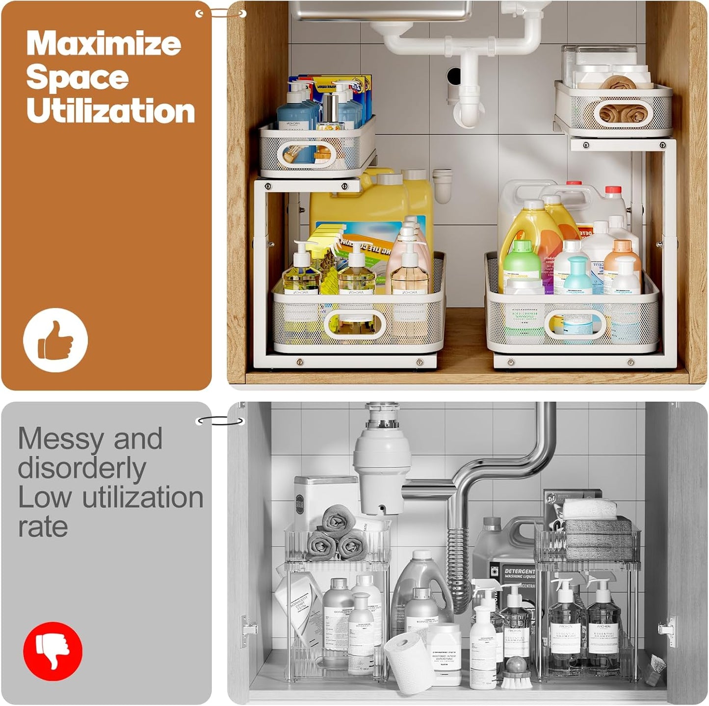 2 Pack 19.3IN-Depth Under Sink Organizer with Smooth Cylindrical Rail,2-Tier Pull Out Multi-Purpose Cabinet Storage for Bathroom&Kitchen,Height Adjustable,Rust-Resistant Coating-White