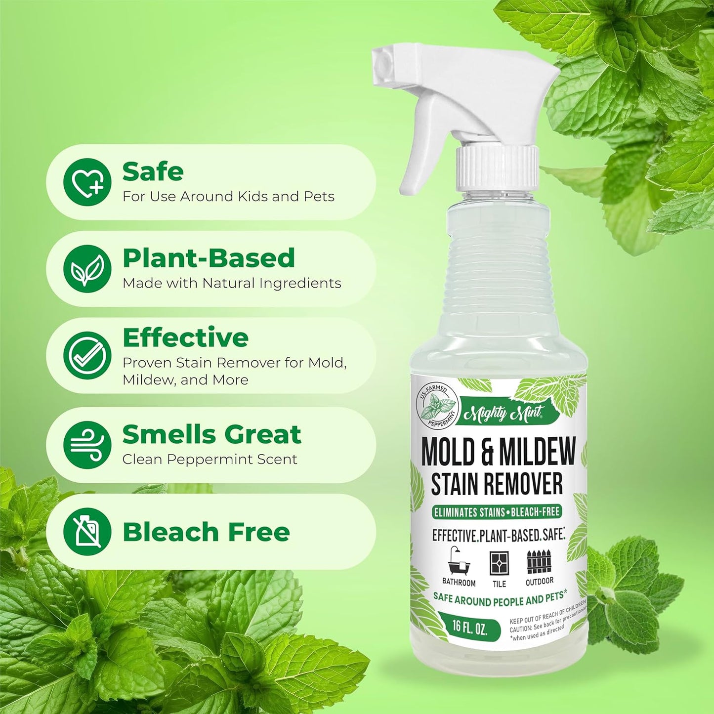 Mighty Mint Mold & Mildew Stain Remover Spray, Rapid Clean for Bathroom, Kitchen, Hard Water, Outdoors, Natural Peppermint Scent, 16oz