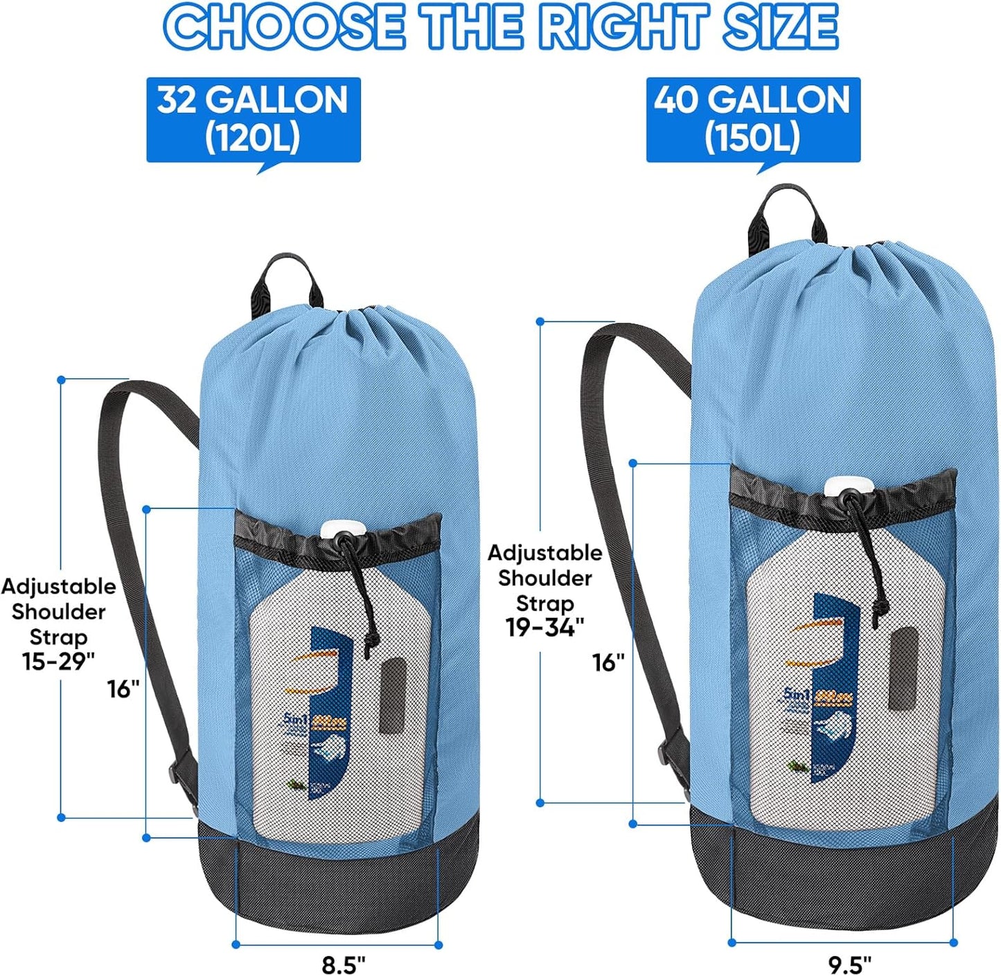 BALEINE 120L Laundry Bag Backpack, 900D Oxford Fabric Large Travel Laundry Bags with Shoulder Straps and 2 Mesh Pockets for College Dorm, Apartment, Laundromat (Blue, 120L)