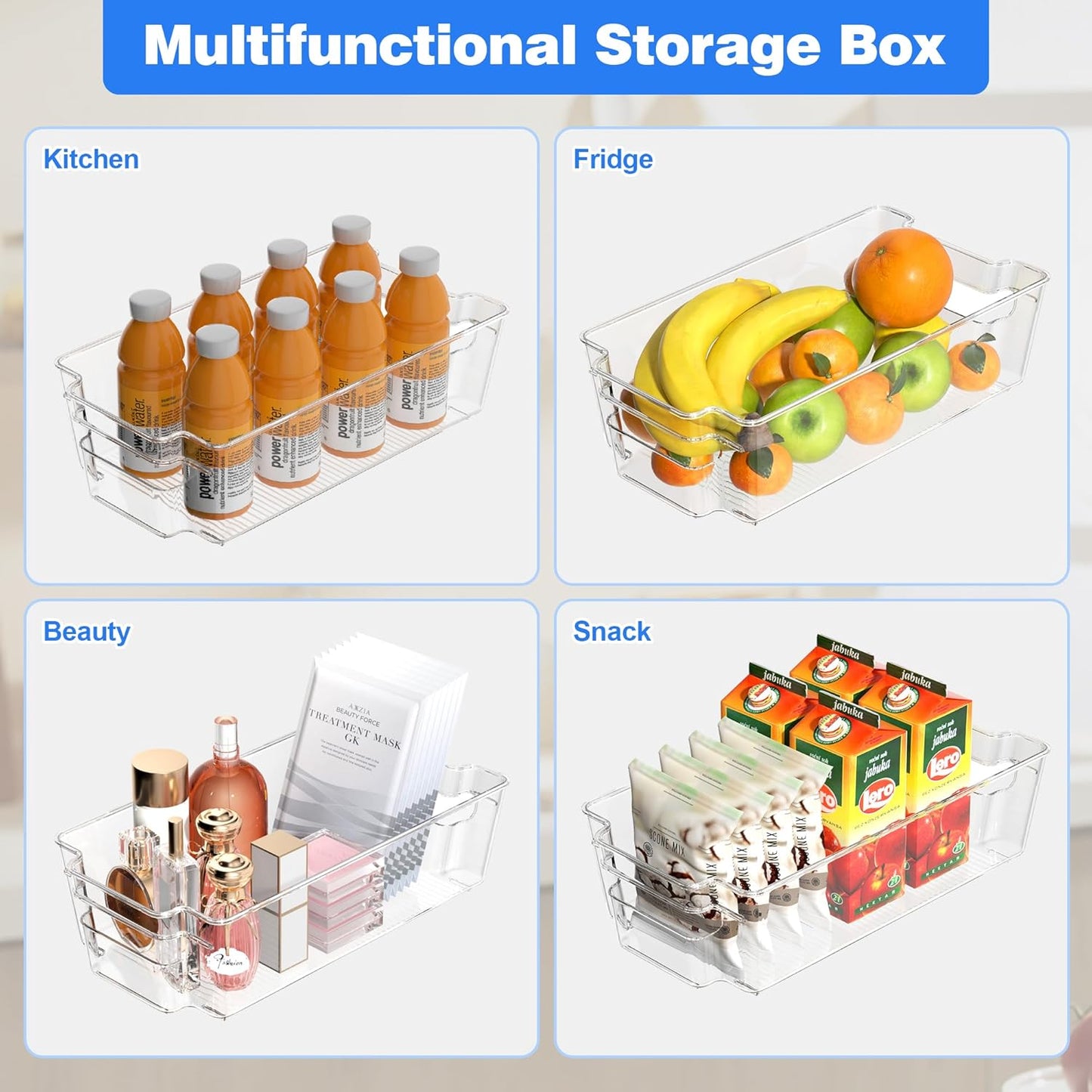 6 Pack Clear Refrigerator Storage Bins, Stackable Plastic Fridge Organizer Kitchen Pantry Storage Bins with Handles for Snacks, Freezer, Kitchen Cupboard, and Cabinet Organization