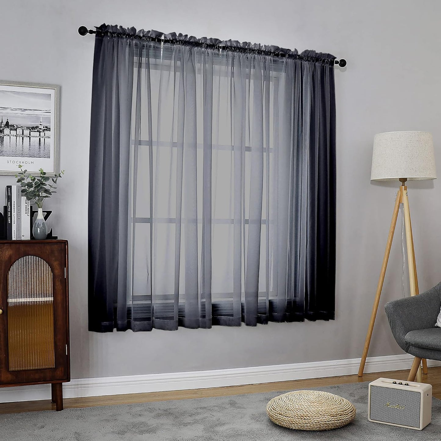 Chyhomenyc Black Sheer Window Curtain Panels 63 Inches Length, 2 Pieces, Voile Top Dual Rod Pockets Light Filtering Airy Trendy Drapes Window Treatment for Living Room/Bedroom, 42Wx63L