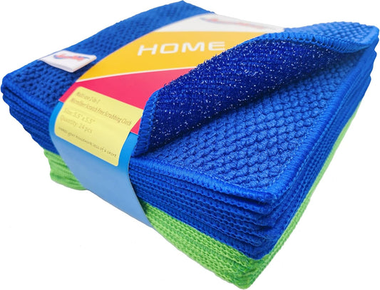 24 Pack Microfiber Scrub Dish Cleaning Cloth, Non-Scratch, Reusable & Durable for Dish Pan Pot Cooktop Stovetop Counter Kitchen, Machine Washable, 5.5 x 5.5 Inch, Blue & Green Color Assorted