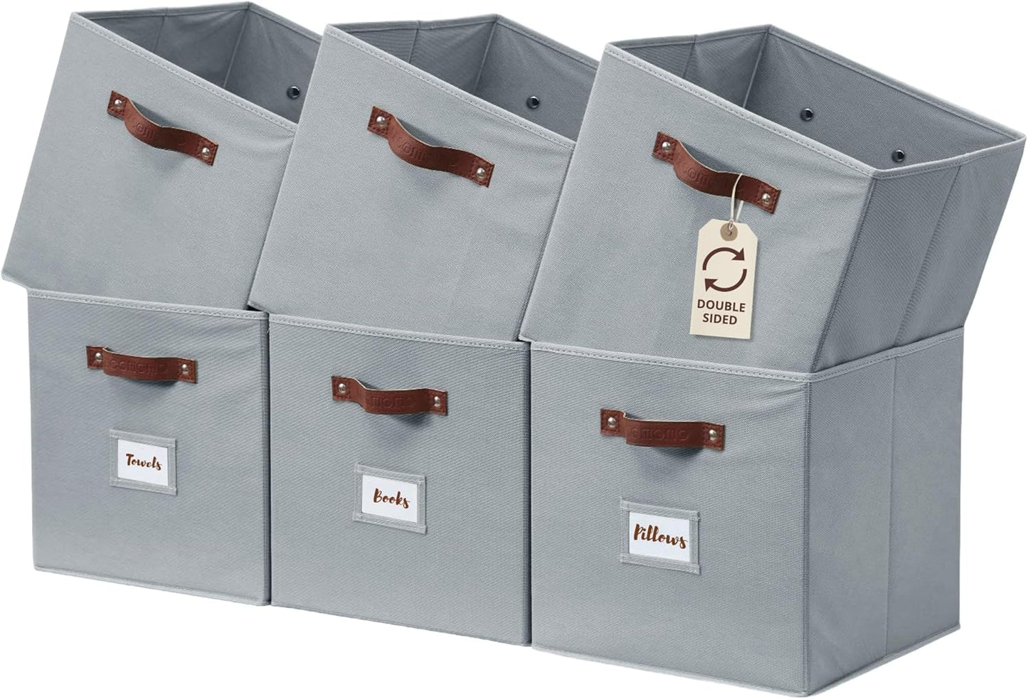 DECOMOMO Storage Bins, Cube Storage Bin with Labels, Fabric Storage Cubes for Shelves (10.5" x 11" / 6pcs, Grey)