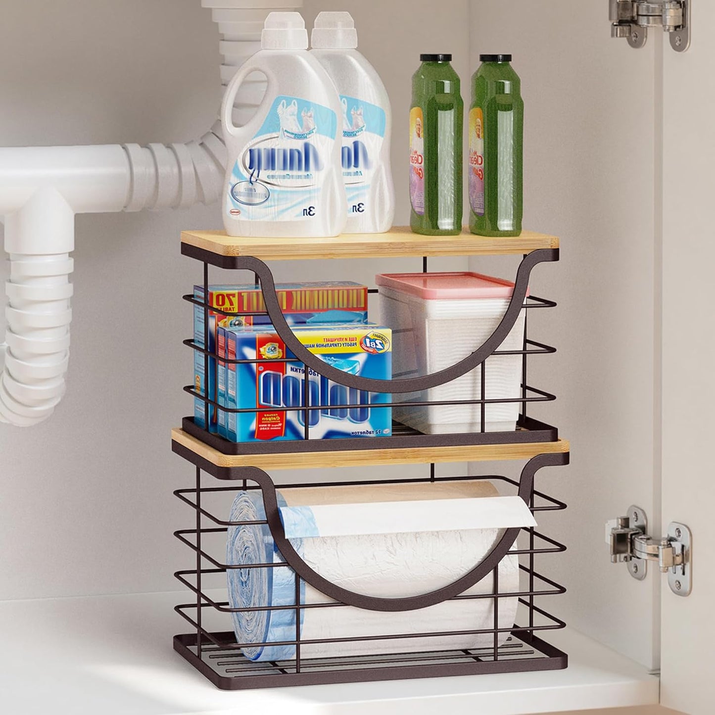 Extra Large Trash Bag Holder Under Sink Stackable Kitchen Storage 2 Pack, Pantry Organizers and Storage, Wall Mounted Garbage Bag Dispenser Roll Holder for Laundry Room and Kitchen