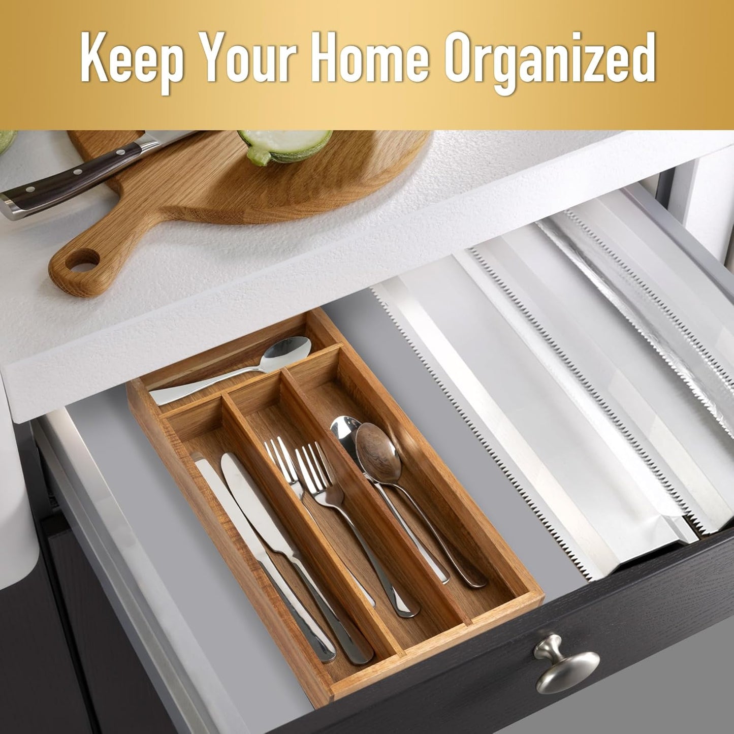 Acacia 4 Slot Silverware Drawer Organizer - Cutlery Holder with Flatware Tray