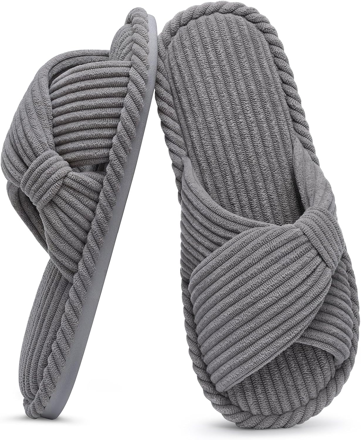 Evshine Summer House Slippers for Women Corduroy Cross Bow Indoor Slippers Open Toe Slip On Bedroom Shoes with Memory Foam