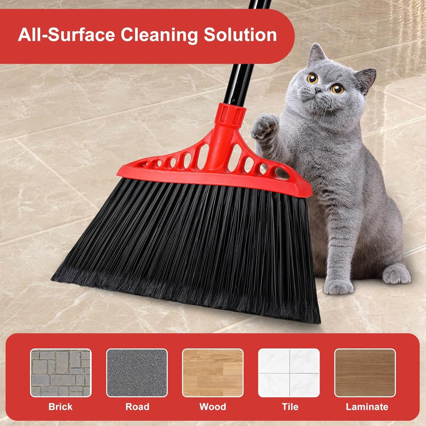 Heavy Duty Angle Broom - 55" Adjustable Iron Handle with Stiff Bristles - Commercial-Grade Indoor/Outdoor Broom for Garage, Patio, Kitchen, Sidewalk & Concrete Cleaning (Black & Red)