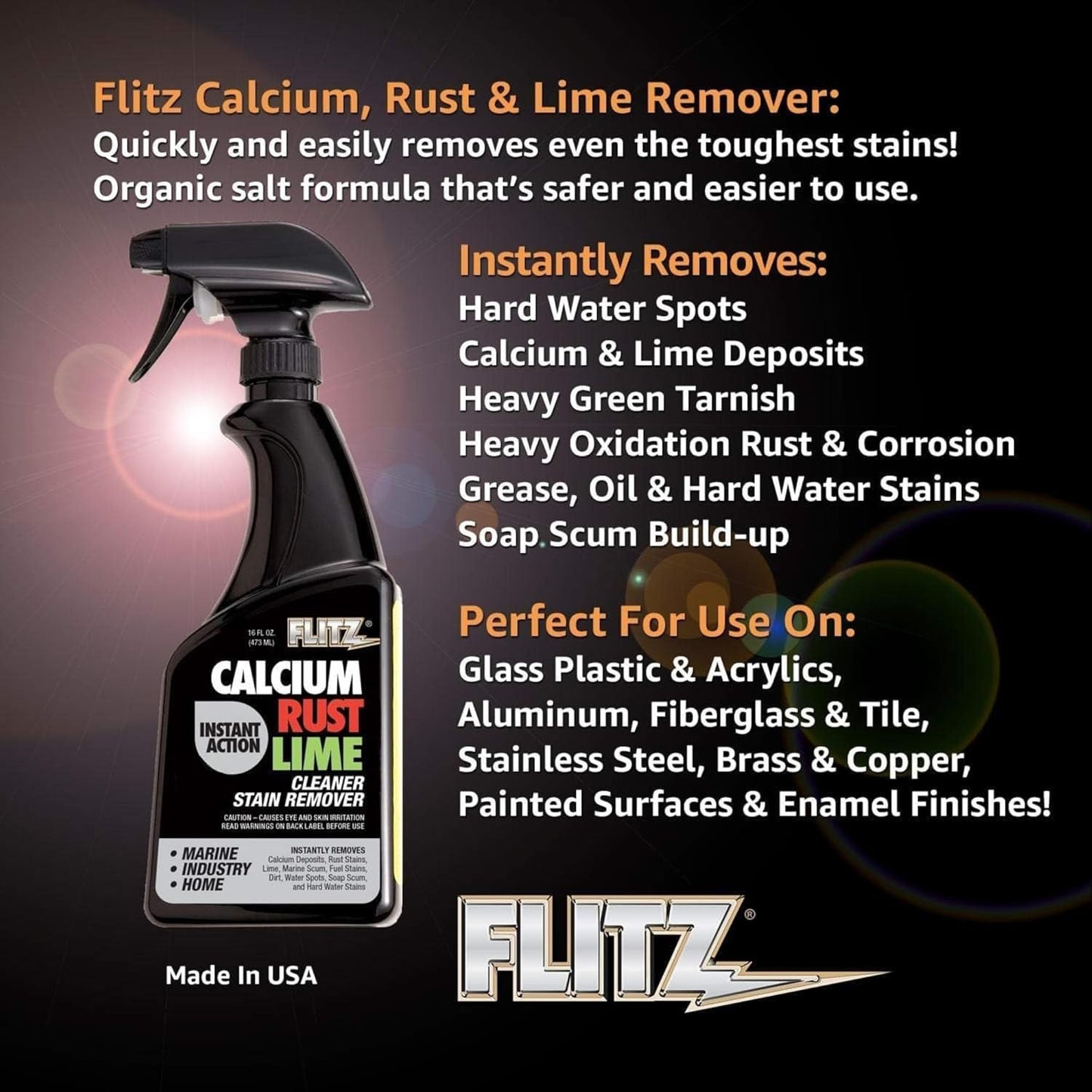 Flitz Calcium, Rust, & Lime Remover - 16oz Bottle of USA-Made Limescale Remover for Toilets, Showers, and More - Powerful Spray that Instantly Eliminates Tarnish, Grease, and Other Grime (12 Pack)