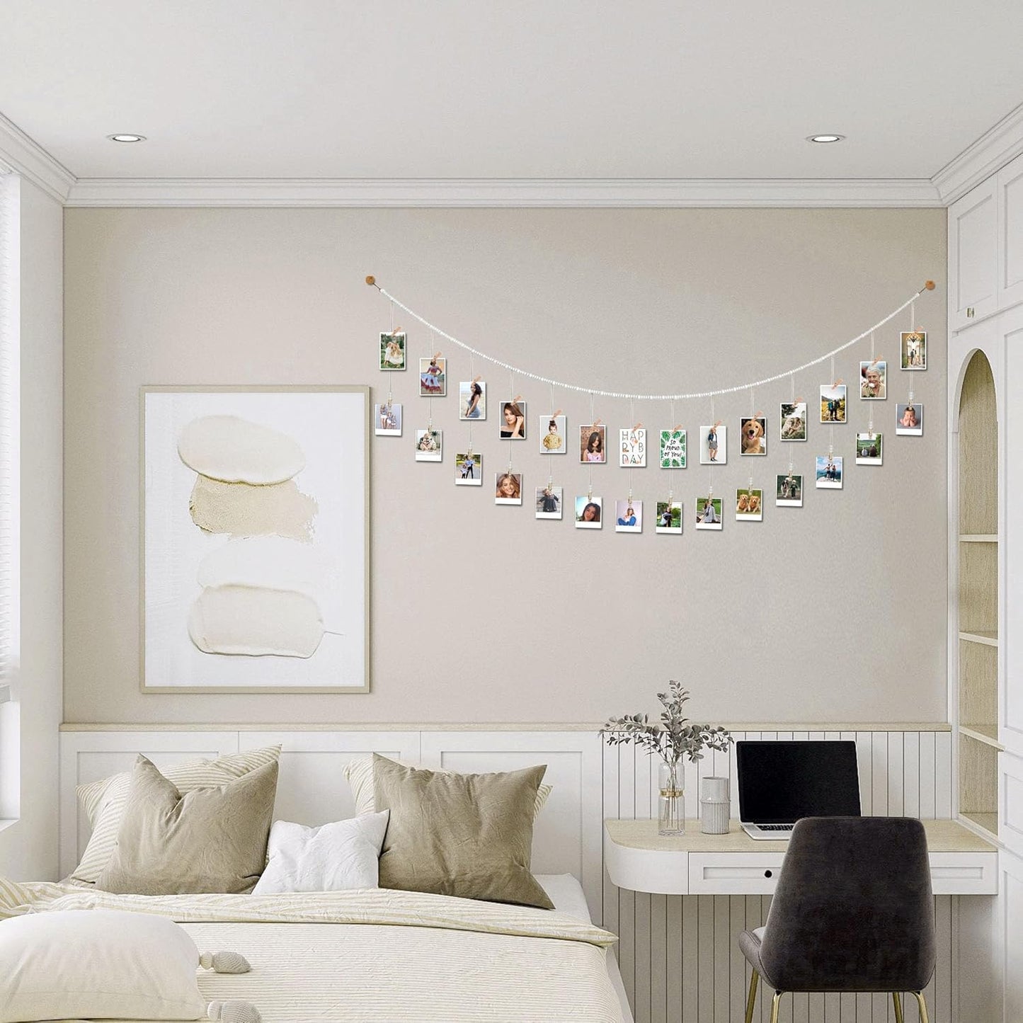 8 Feet Wooden Beads Garland with Clothespins Picture Cards Holder - Country Farmhouse Christmas Nursery Boho Holiday Decorations with Clips