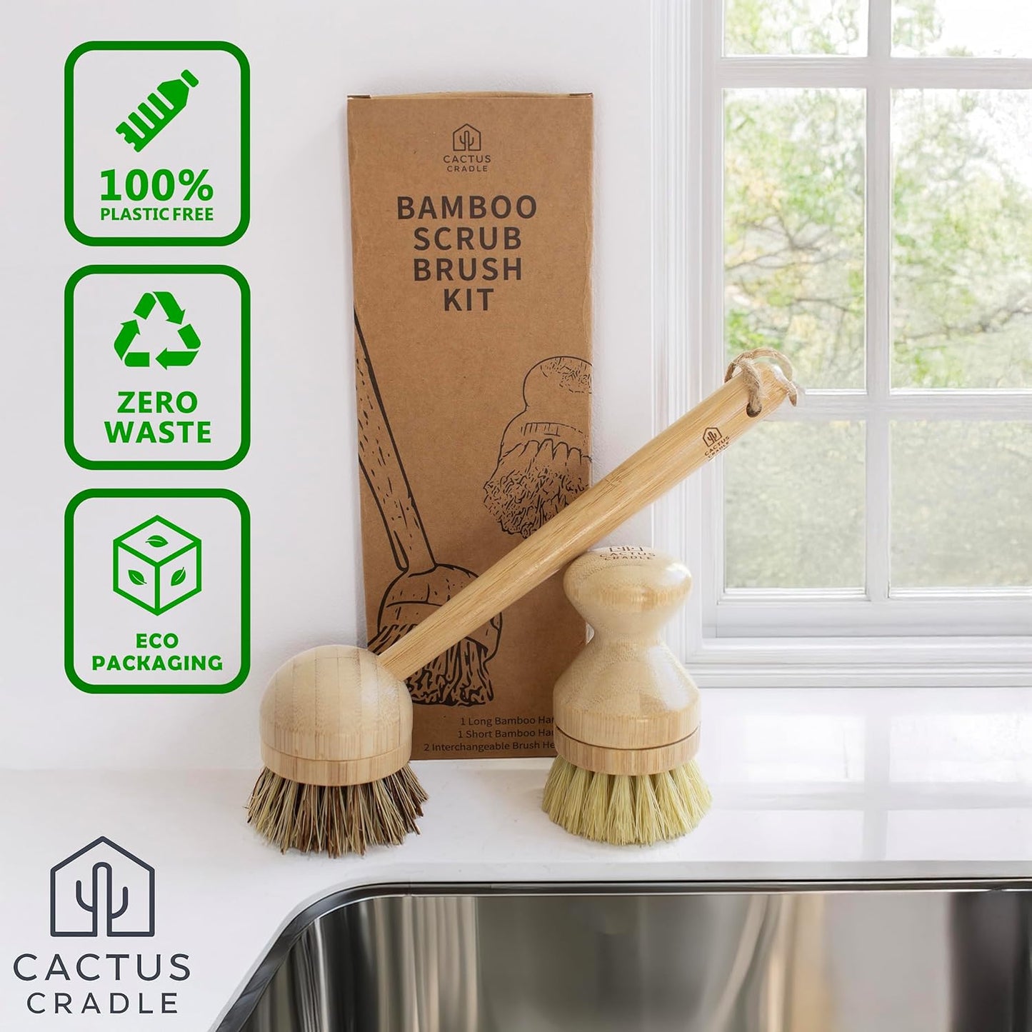 Cactus Cradle Bamboo Scrub Brush Kit – 4-Piece Dish Brush Set with 2 Handles & 2 Interchangeable Heads | Plastic-Free, Non-Toxic, Non-Scratch Cleaning for Dishes, Pots, Pans & Produce
