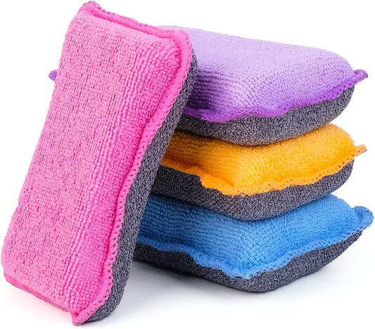 UPSTAR Kitchen Sponges for Dishes, Microfiber Cleaning Scrubber, Non-Scratch Scrubbies for Dishwashing and Bathroom, Size L Pack of 4