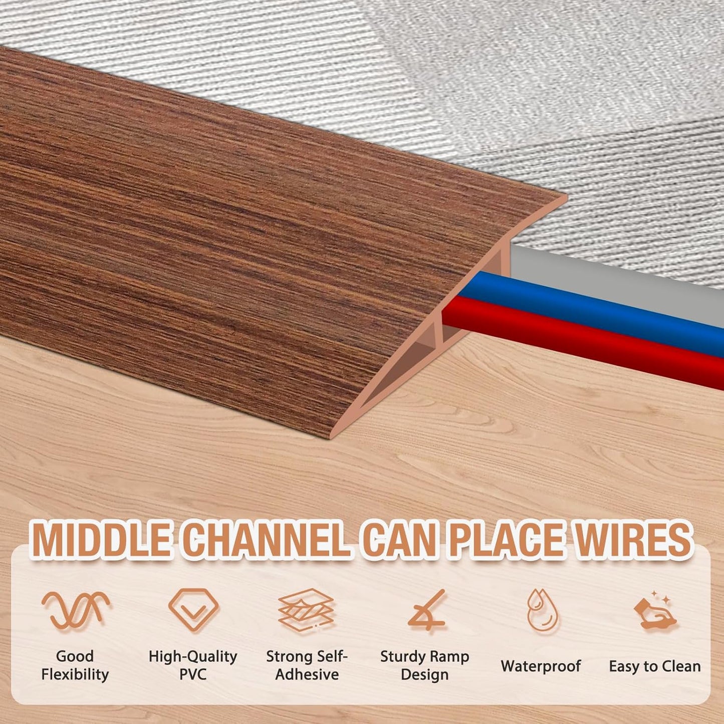 Floor Transition Strip Self Adhesive Vinyl Door Threshold for Doorways Carpet Edging Trim Overlap Edge Reducer for Laminate Floor, Carpet, Tile (Light Brown Wood Grain, 1/5" to 2/5", 6.6Ft)